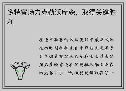 多特客场力克勒沃库森，取得关键胜利